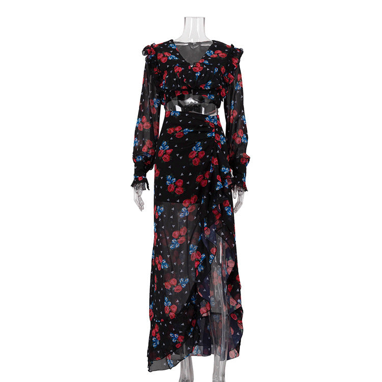 Women’s Sexy Floral Print Long Dress – Ruffle Hem, Long Sleeve Maxi Dress | S–L | Polyester