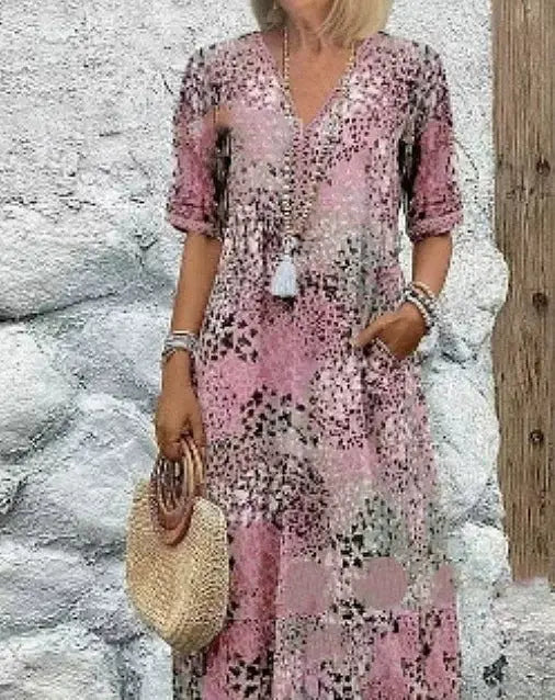Summer V-neck Half-sleeved Dress With Pockets Fashion Ethnic Print Dresses Beach Holiday Clothing For Women hanyelevate