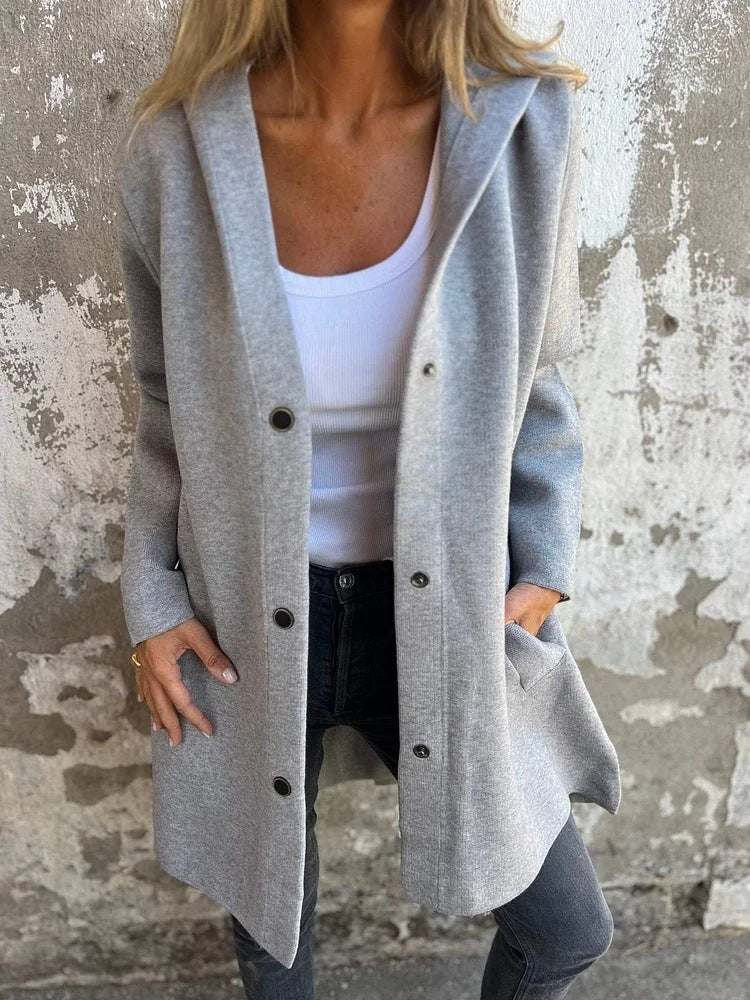 Women’s Casual Hooded Single-Breasted Cardigan – Loose Solid Color Jacket for Spring & Autumn hanyelevate