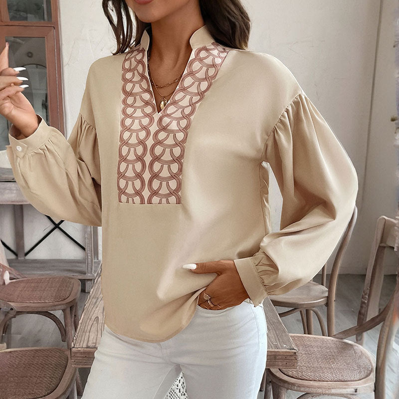 Women’s Art Retro Pullover Top – Apricot Puff Sleeve Blouse | National Style | S–XL