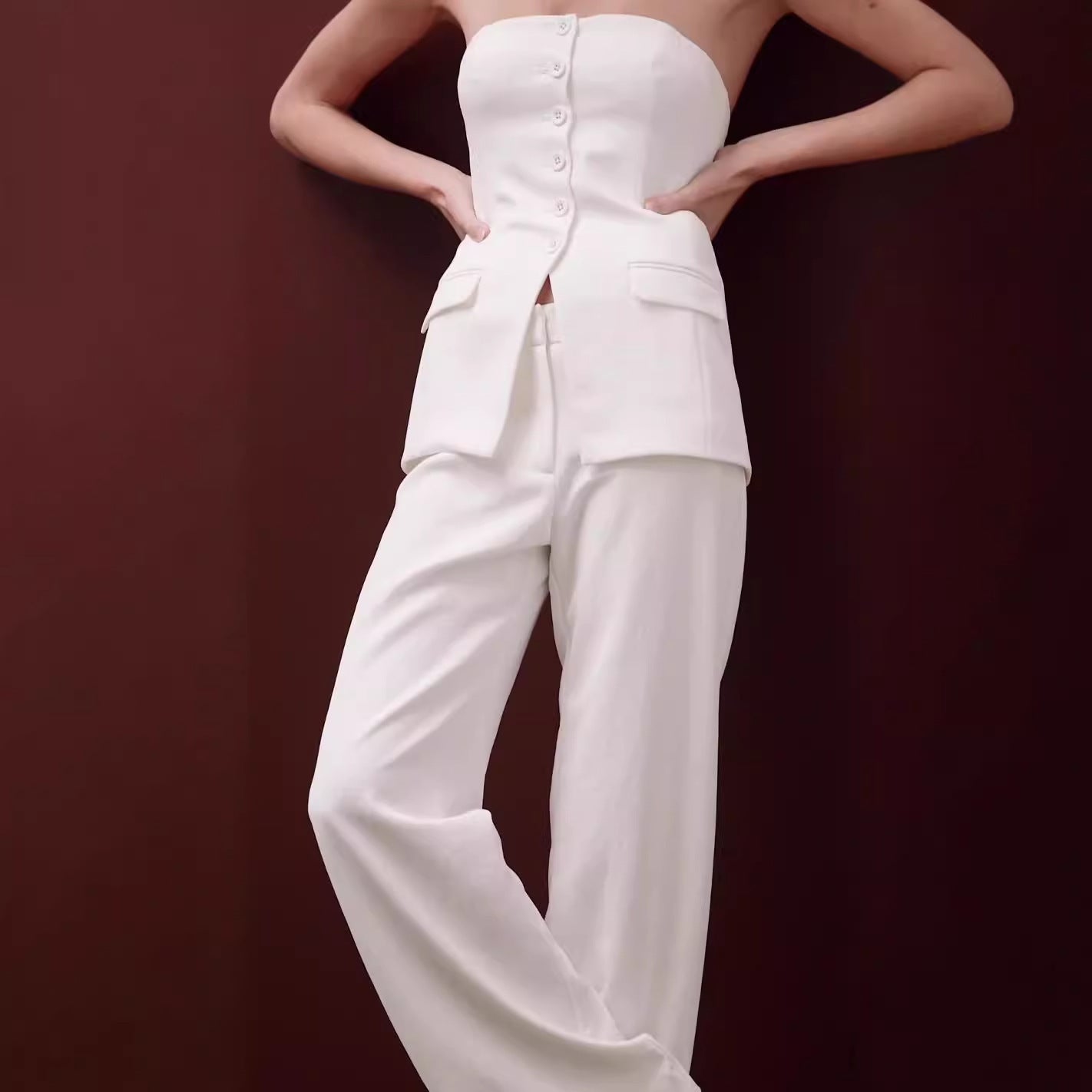 Women’s Tube Top and Pants Set – Sleeveless Button Top with Straight Trousers hanyelevate