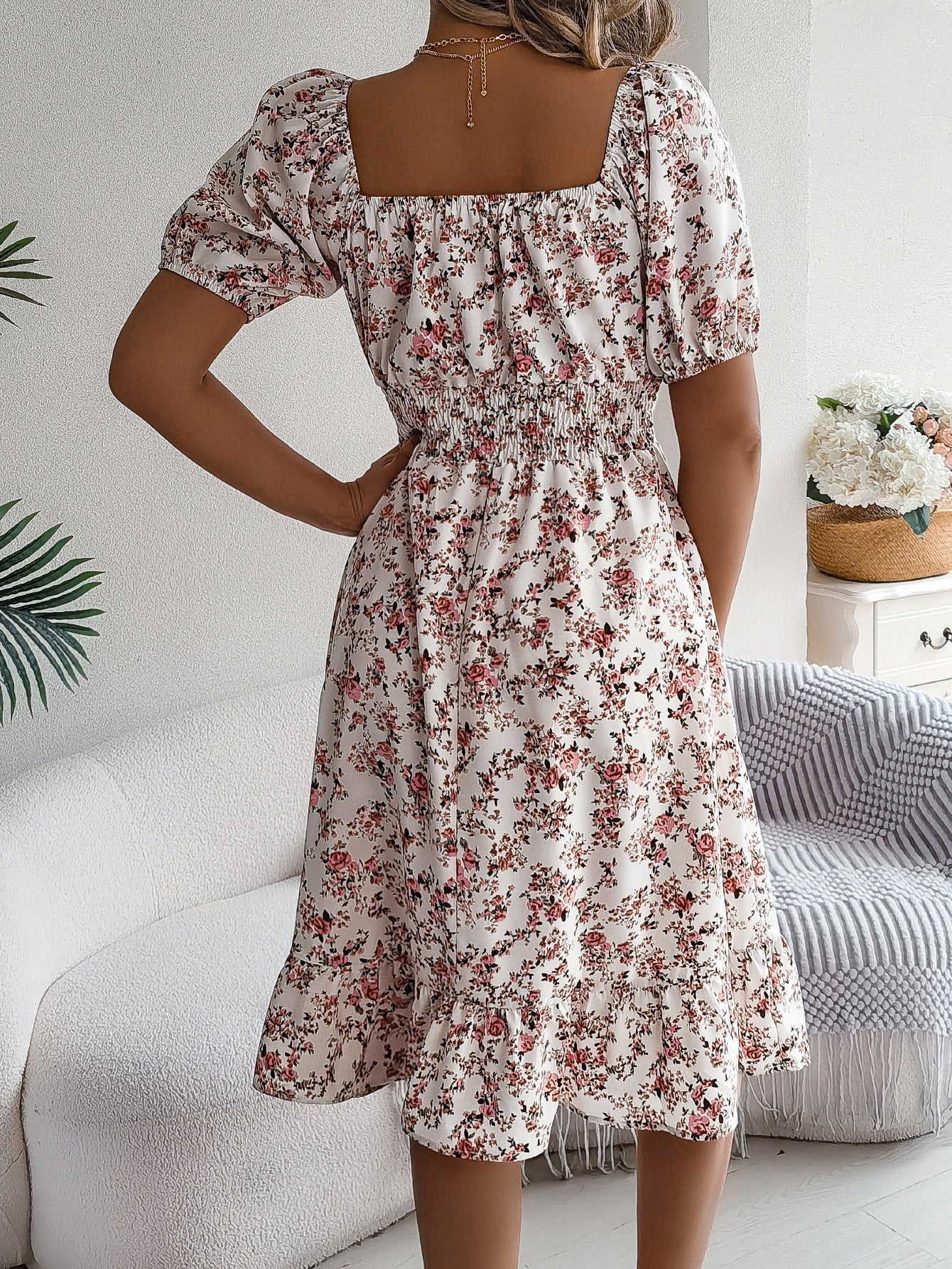 Summer Fashion Ruffle Dress – Women’s Floral Print Square Neck Dress hanyelevate