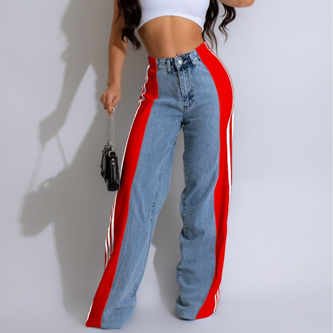 2025 Fashion Casual High Waist Elastic Straight Leg Denim Trousers – Three Stripe Patchwork Wide Leg Pants hanyelevate
