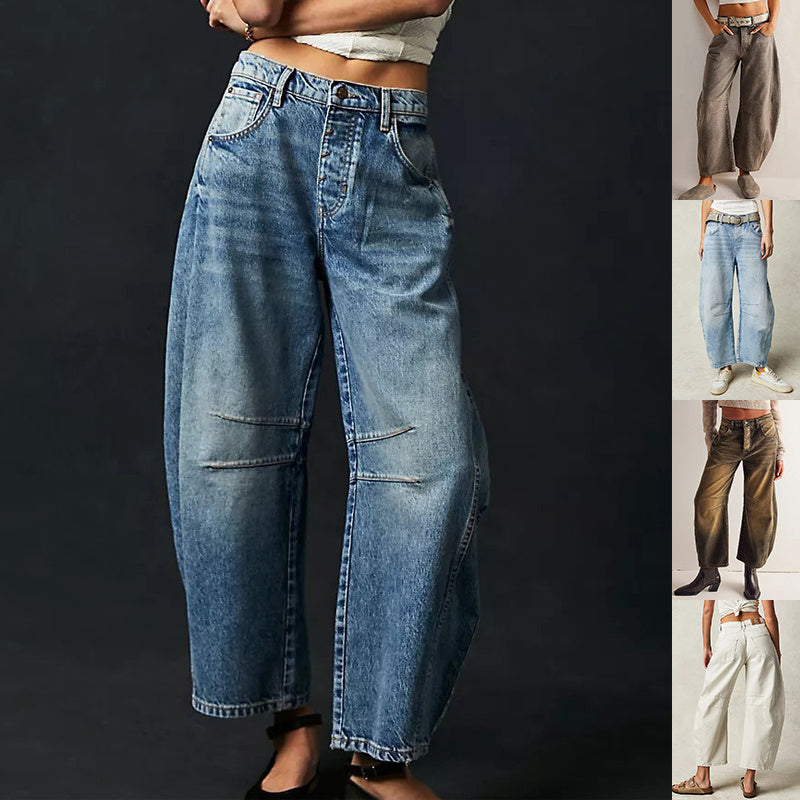 High Stretch Mid-Rise Barrel Jeans Fashion Wide Leg Shape Women Casual Baggy Mid Waist Denim Jeans hanyelevate