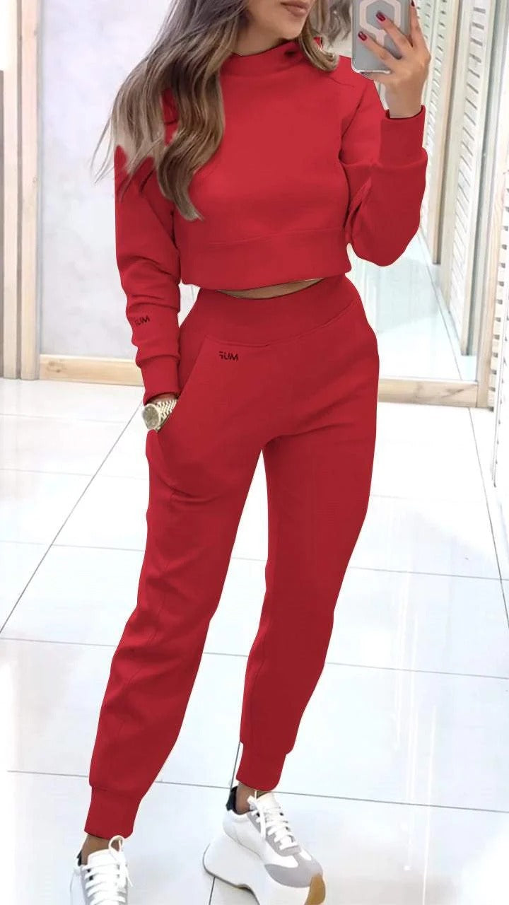 Fashionable Women’s Sportswear Set – Stand Collar Pullover & Slim Fit Pants with Pockets hanyelevate