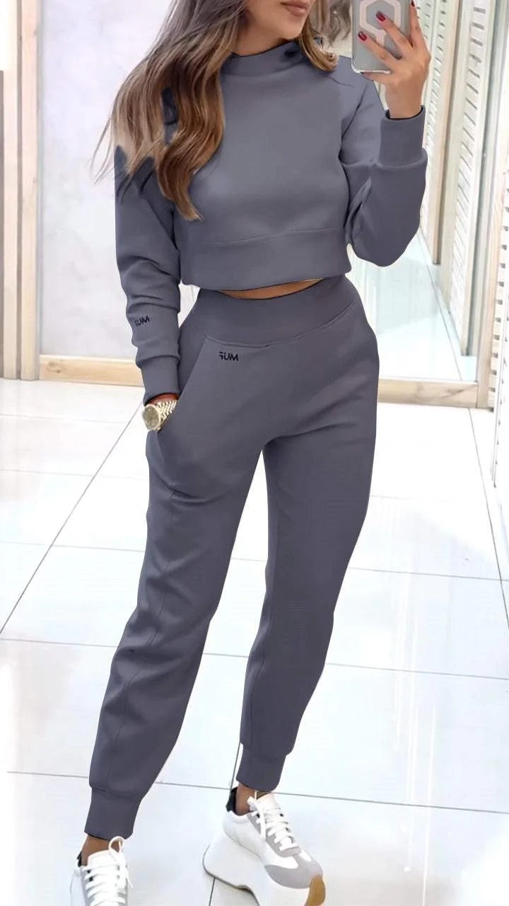 Fashionable Women’s Sportswear Set – Stand Collar Pullover & Slim Fit Pants with Pockets hanyelevate