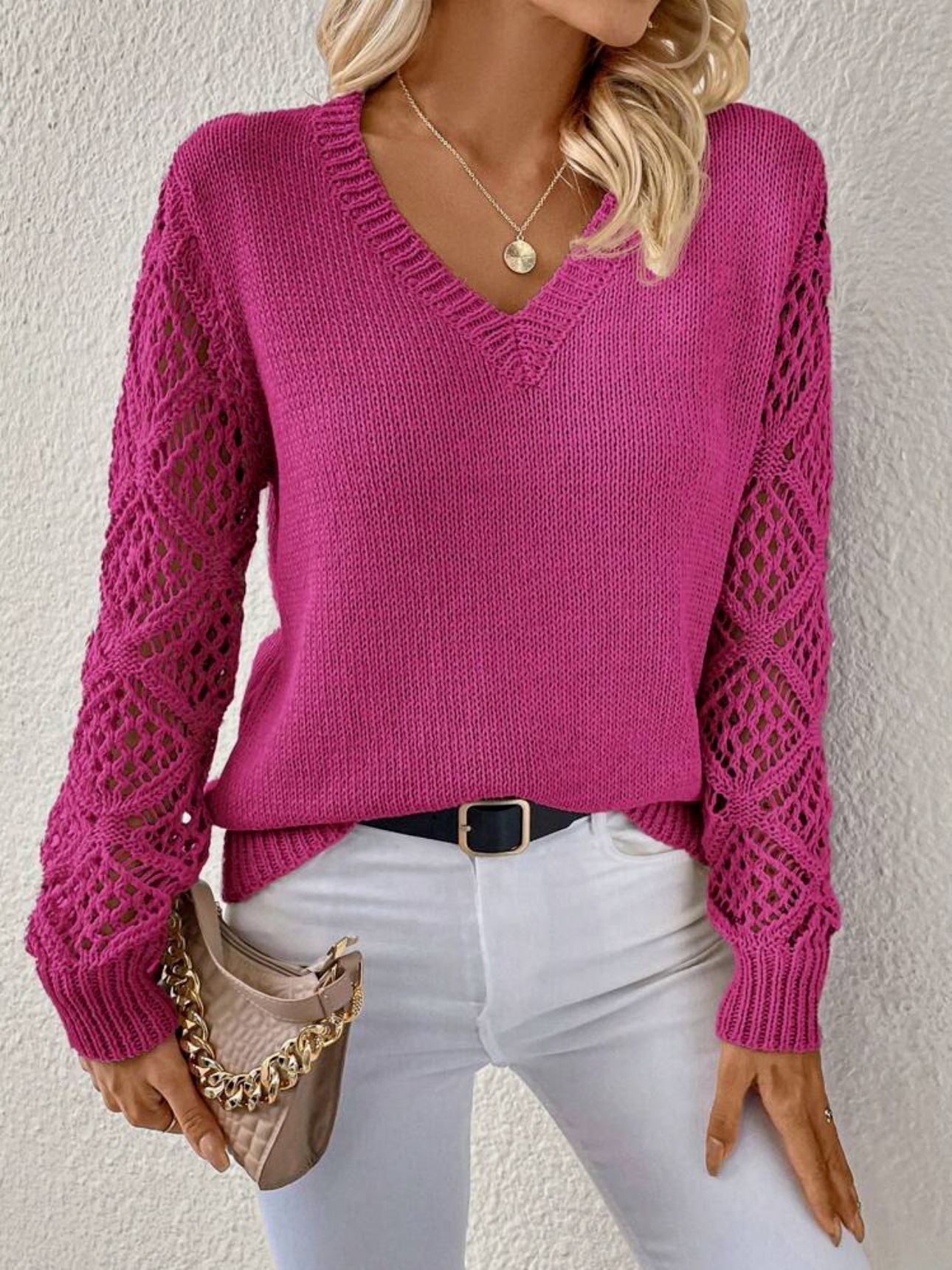 Solid V-Neck Hollow Sleeve Pullover Sweater – Women’s Fashion Long Sleeve Top hanyelevate