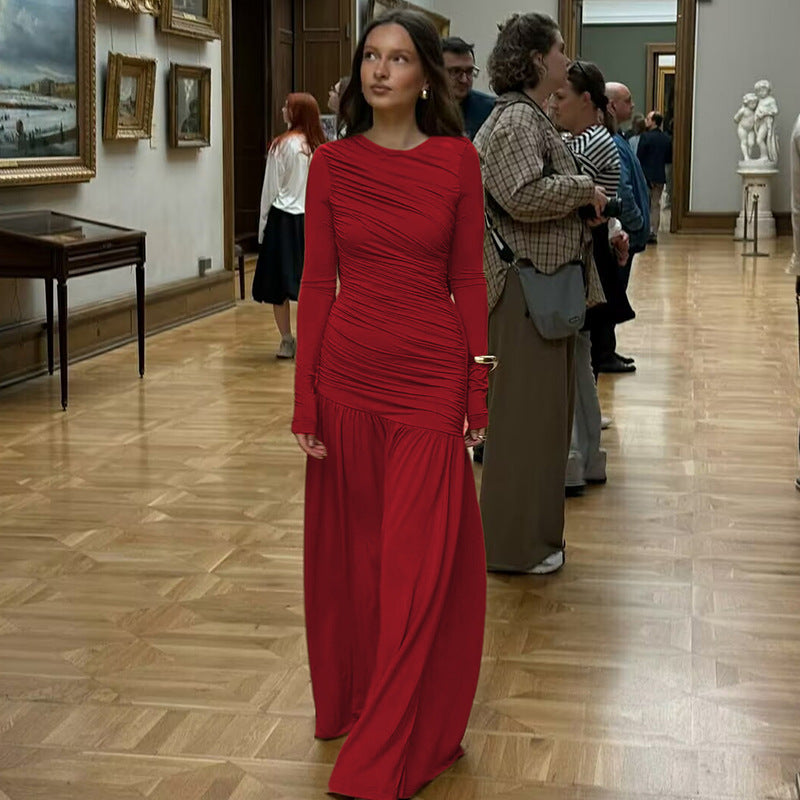 Women’s Asymmetric Long Dress – Solid Color Spliced Pullover | S–L hanyelevate