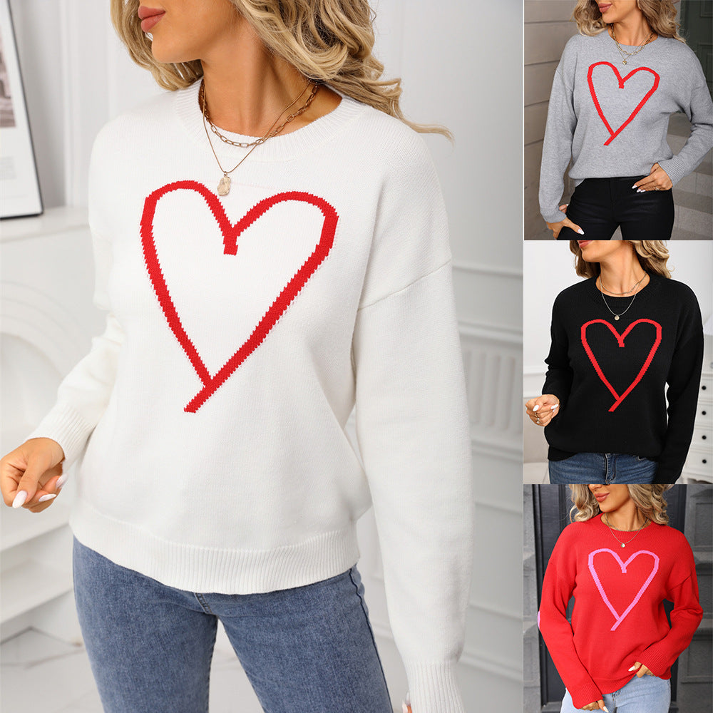 Women’s Love Pattern Pullover Sweater – Long Sleeve Knit Top | White, Gray, Black, Red | S–XL