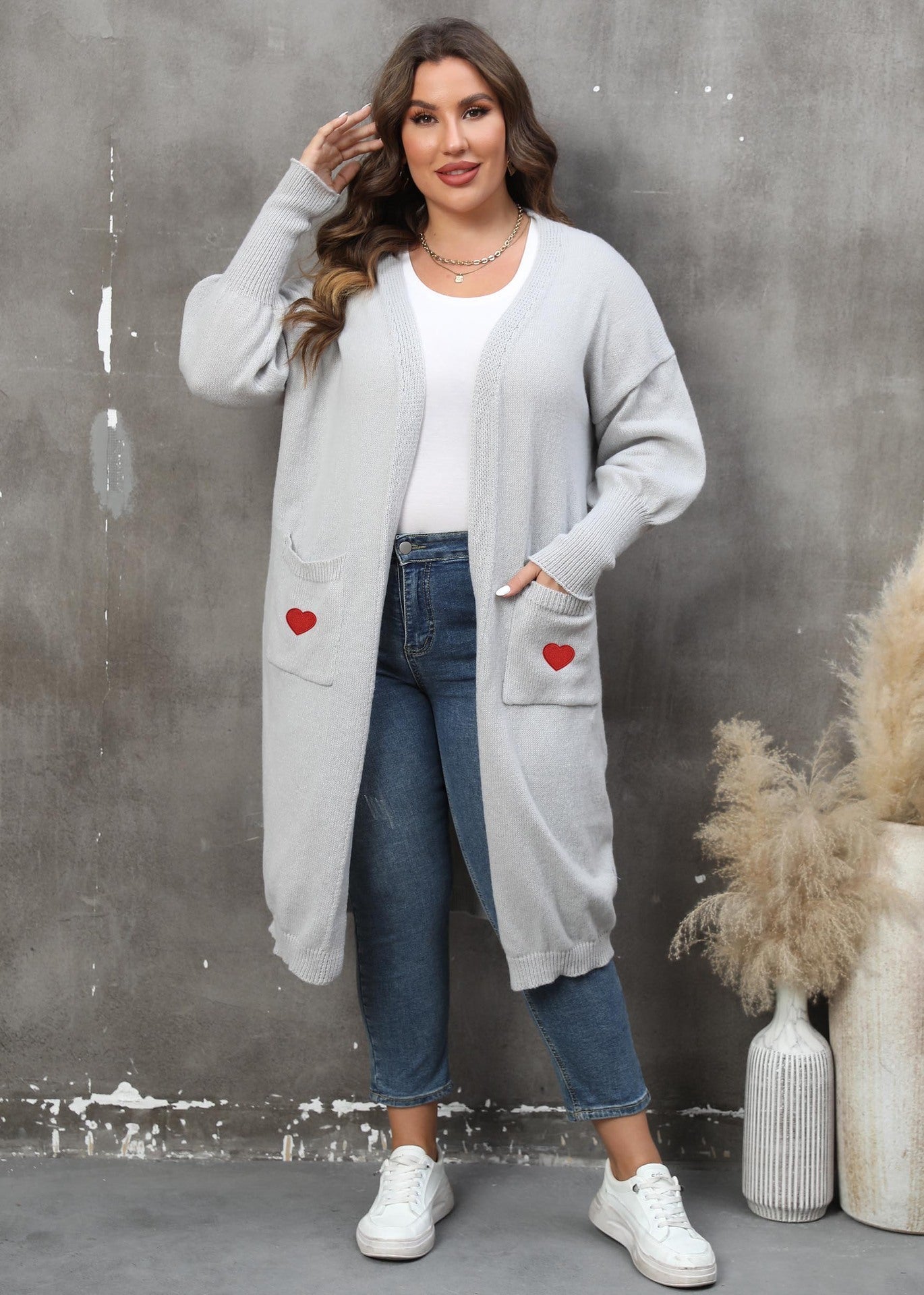 Plus Size Mid-Length Knit Cardigan for Women – Love Pattern, Lantern Sleeves, and Pockets hanyelevate