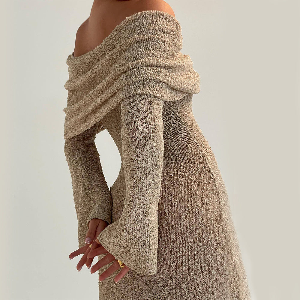 New Long-Sleeved One-Shoulder Knitted Dress – Perfect for Beach and Vacation hanyelevate