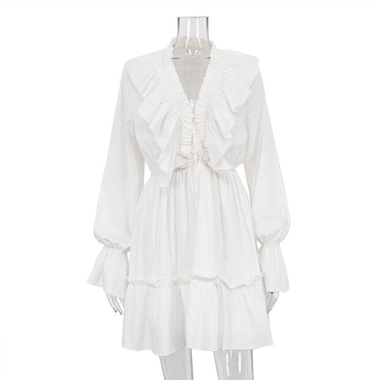 Women’s Short Dress with V Neck and Flared Sleeves – Pleated Ruffle Detail hanyelevate