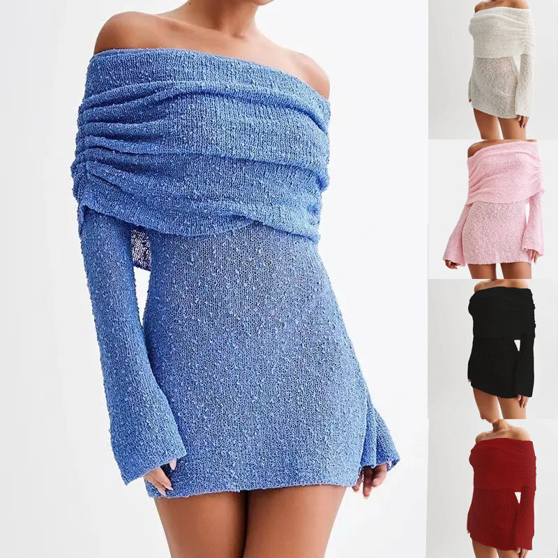 Women’s Spring Summer Knitted Mini Dress – Off Shoulder Long Sleeve Bodycon Party Dress hanyelevate