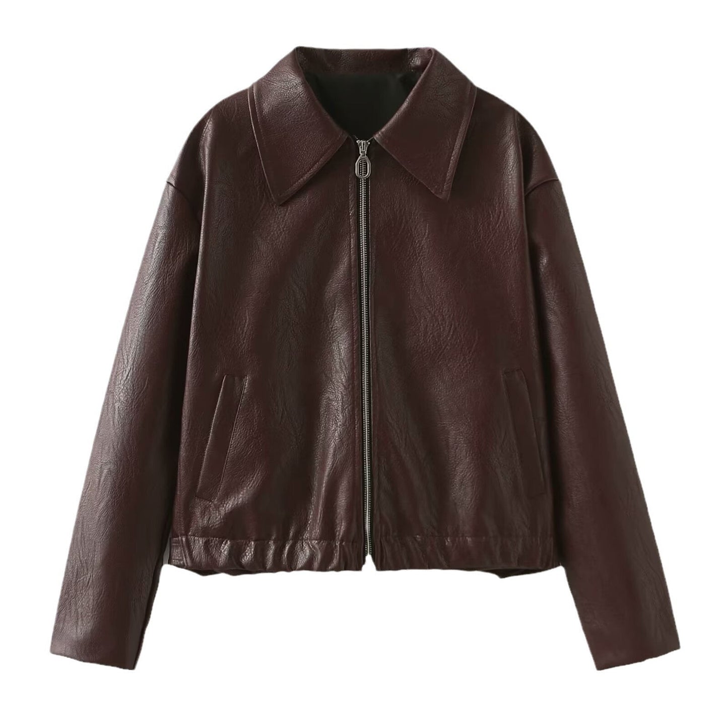 Women’s Solid Color Leather Jacket – Fashion Lapel Zipper Long Sleeve Coat hanyelevate