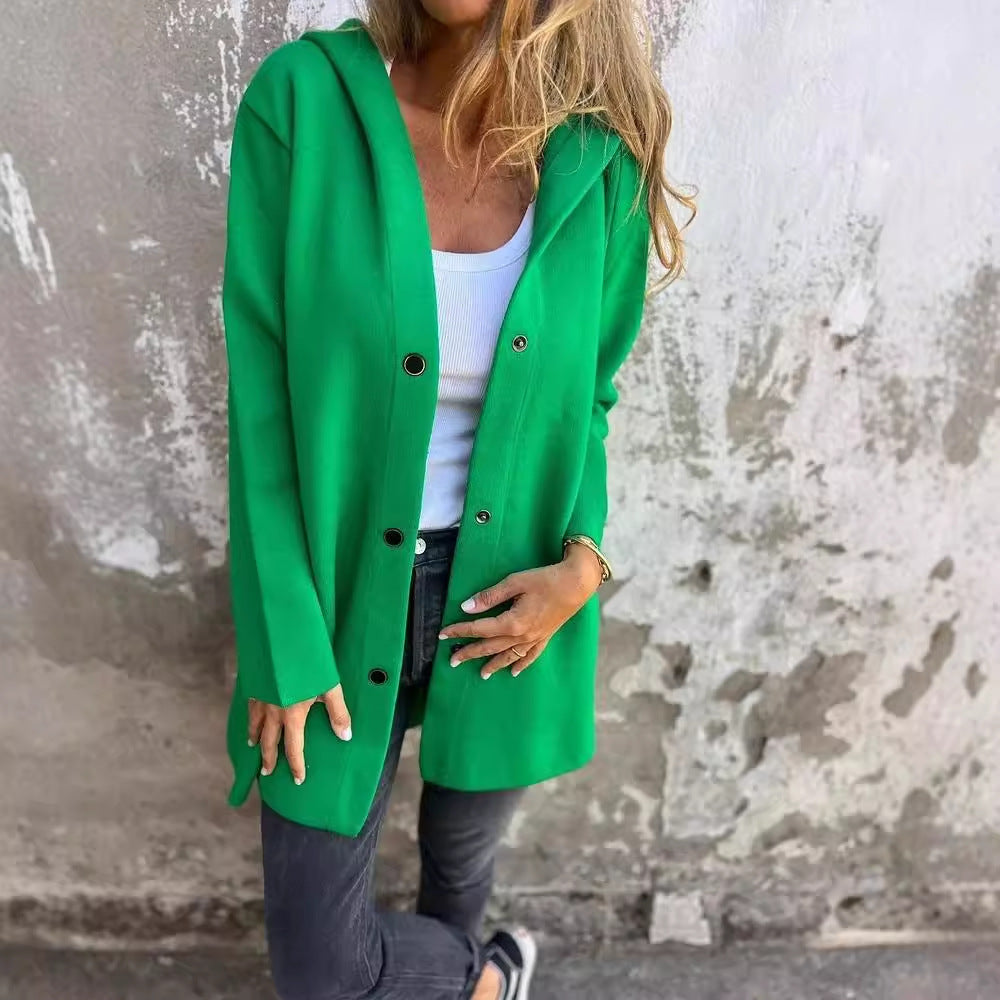 Women’s Casual Hooded Single-Breasted Cardigan – Loose Solid Color Jacket for Spring & Autumn hanyelevate