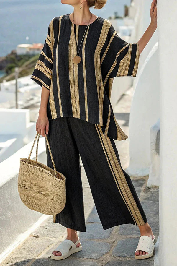 women’s striped co-ord set with batwing top and solid pants hanyelevate