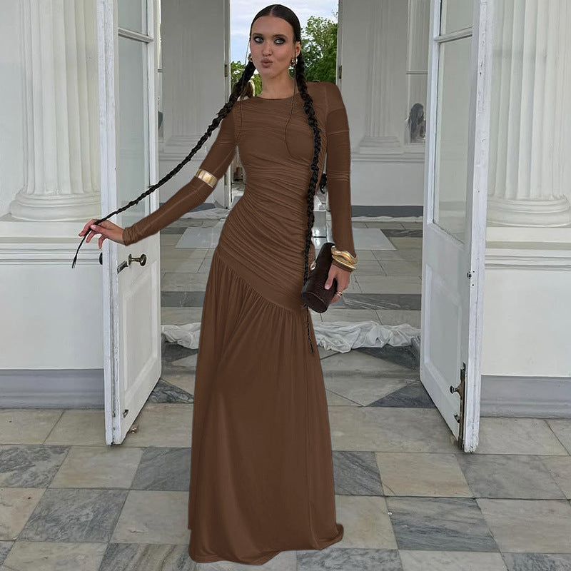Women’s Asymmetric Long Dress – Solid Color Spliced Pullover | S–L hanyelevate