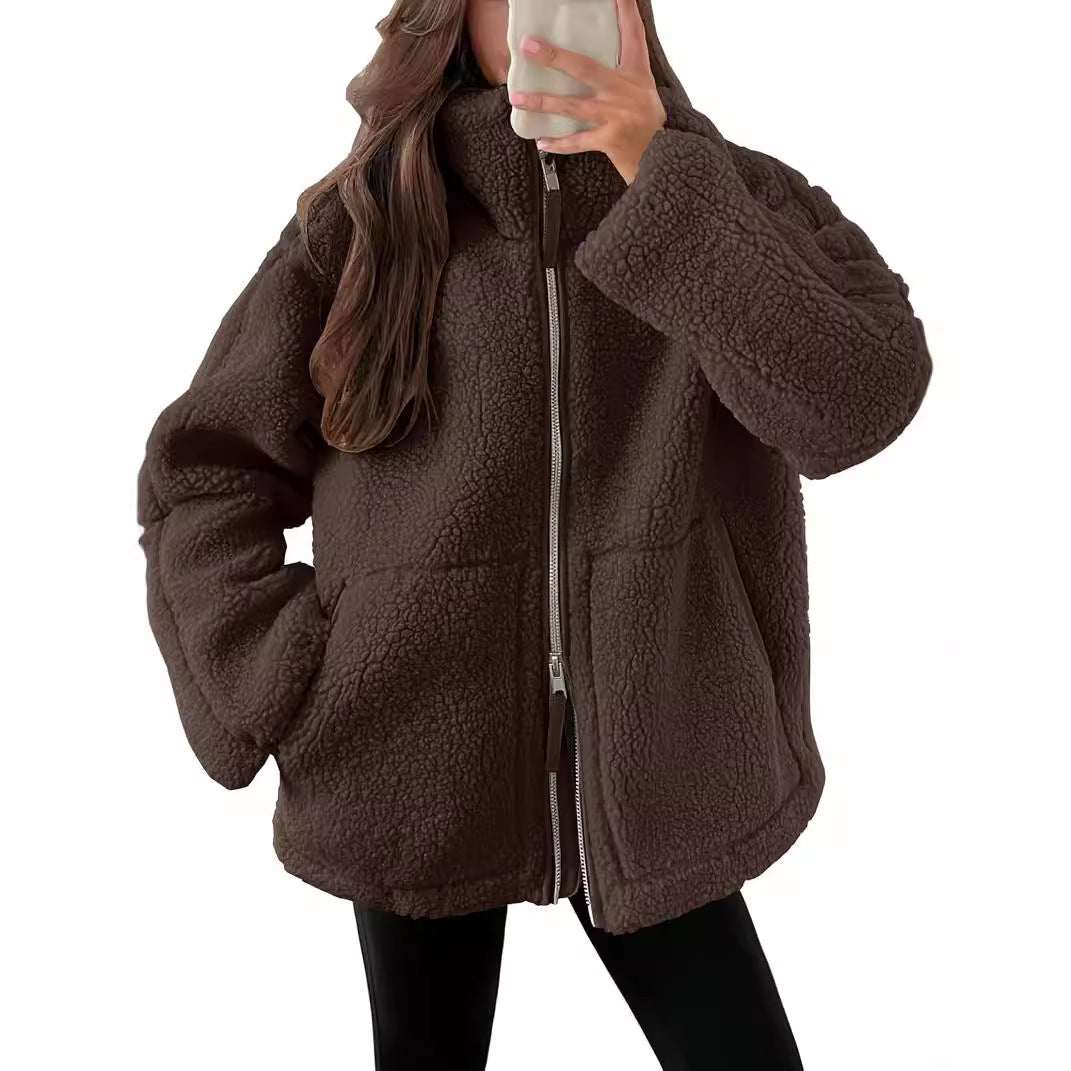 Women’s Cozy Winter Zip-Up Coat – Lapel Collar Fleece Jacket with Pockets hanyelevate