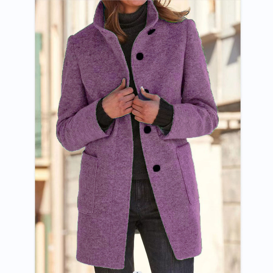 Women’s Stand Collar Woolen Coat – Casual Fall Winter Button Outwear with Pockets hanyelevate