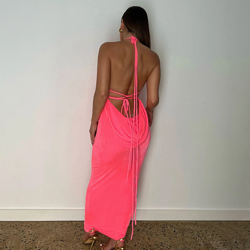 Women’s Halter Neck Sleeveless Dress – Yellow Mid Waist Polyester Summer Outfit