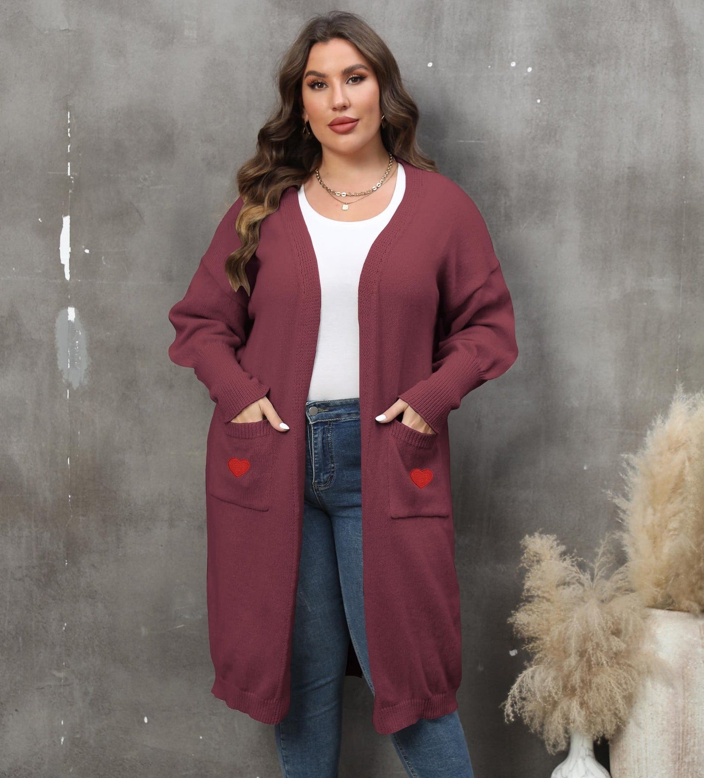 Plus Size Mid-Length Knit Cardigan for Women – Love Pattern, Lantern Sleeves, and Pockets hanyelevate