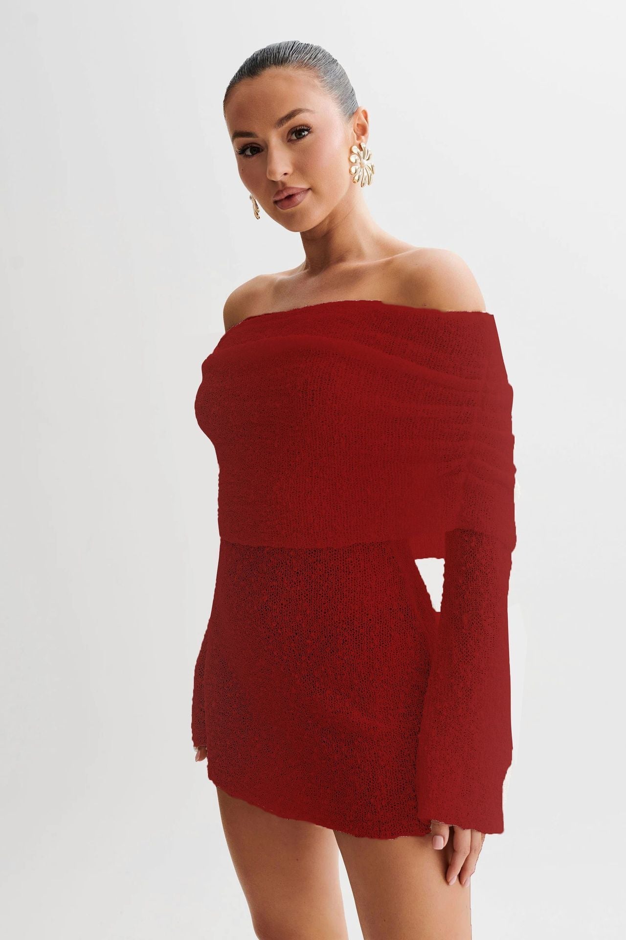 Women’s Spring Summer Knitted Mini Dress – Off Shoulder Long Sleeve Bodycon Party Dress hanyelevate