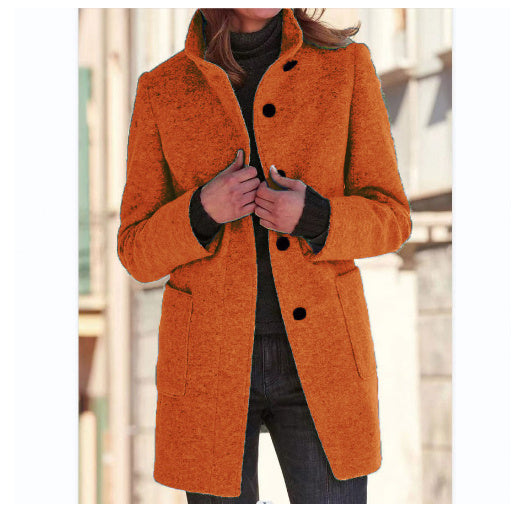 Women’s Stand Collar Woolen Coat – Casual Fall Winter Button Outwear with Pockets hanyelevate