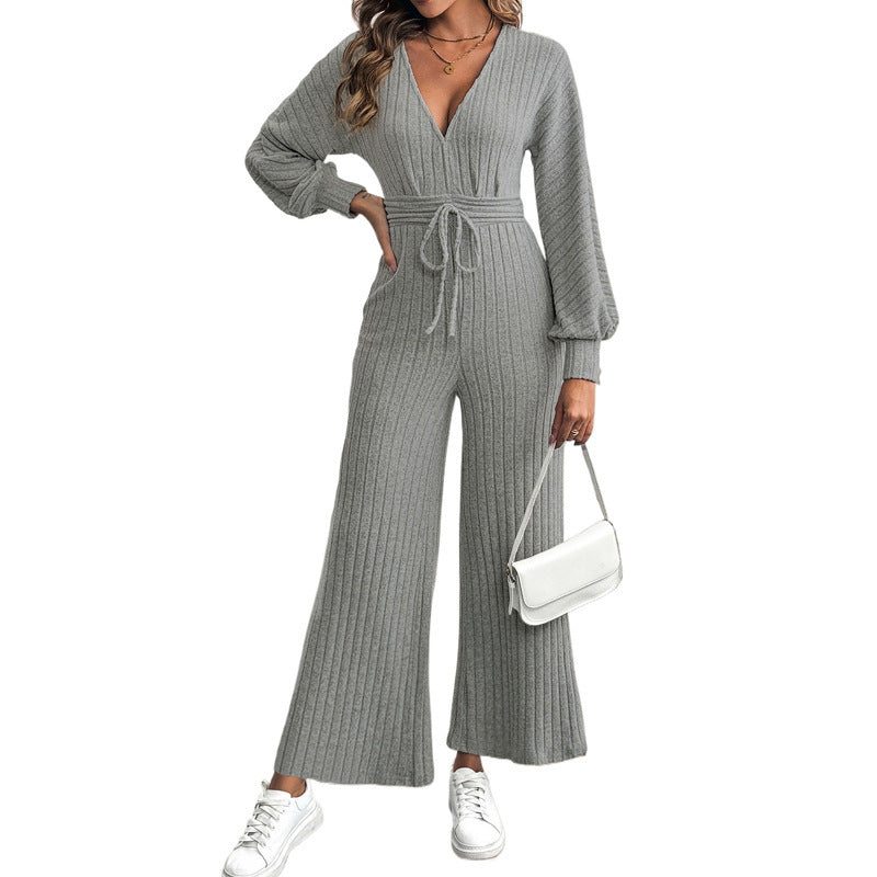 Women’s Gray Wide Leg Pants Outfit with V-Neck Lace-Up Top – Batwing Sleeve Casual Set, S–XL