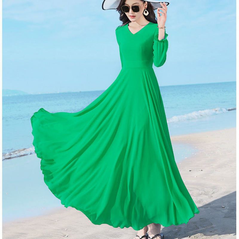 Women’s Chiffon/Polyester Large Swing Dress – Long Sleeve, Solid Color, Urban Temperament Commute Style