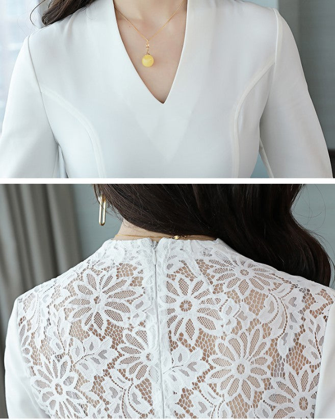 Korean Dress for Women – Elegant Pleated Lace Midi, Long Sleeve Korean Style Outfit (S–XL, White/Black) hanyelevate