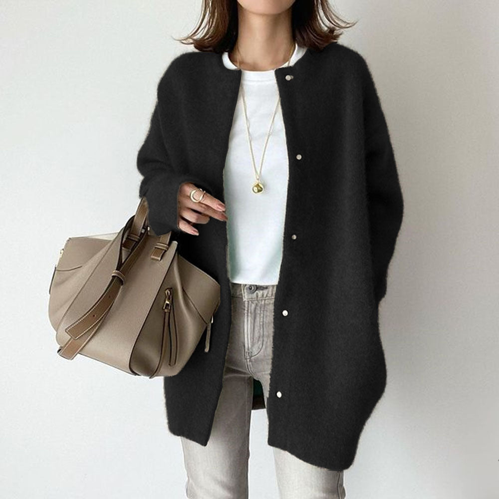 Autumn & Winter Women’s Solid Color Cardigan – Loose Round Neck Single Breasted Coat hanyelevate