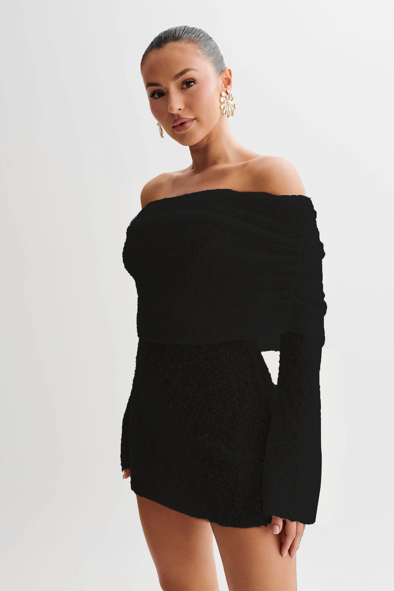 Women’s Spring Summer Knitted Mini Dress – Off Shoulder Long Sleeve Bodycon Party Dress hanyelevate