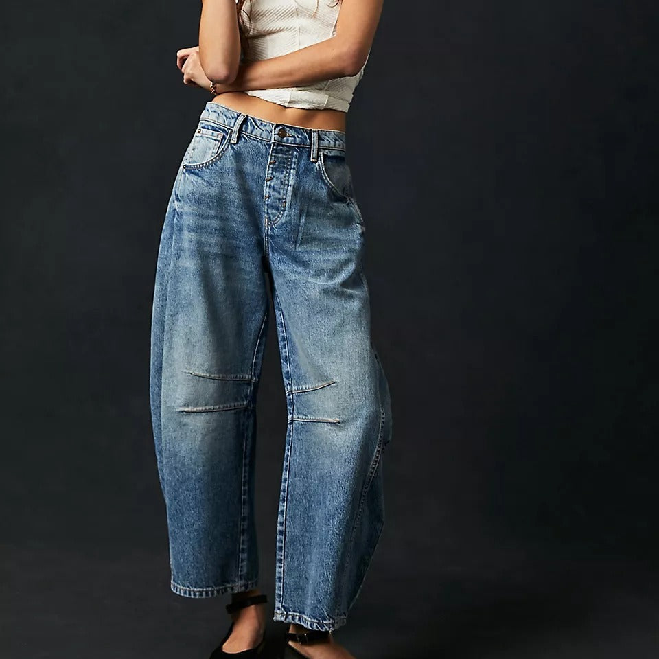 High Stretch Mid-Rise Barrel Jeans Fashion Wide Leg Shape Women Casual Baggy Mid Waist Denim Jeans hanyelevate