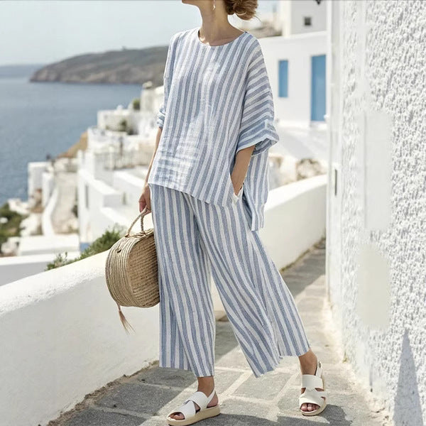 women’s striped co-ord set with batwing top and solid pants hanyelevate