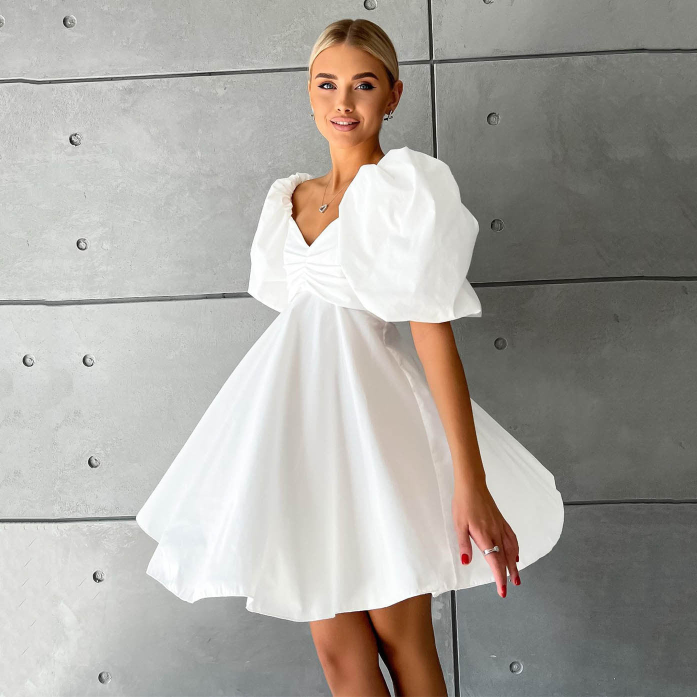 Women’s Puff Sleeve Cotton Dress – High Waist Short Sleeve Summer Outfit | S–L | White, Black, Rose Red, Green, Light Blue