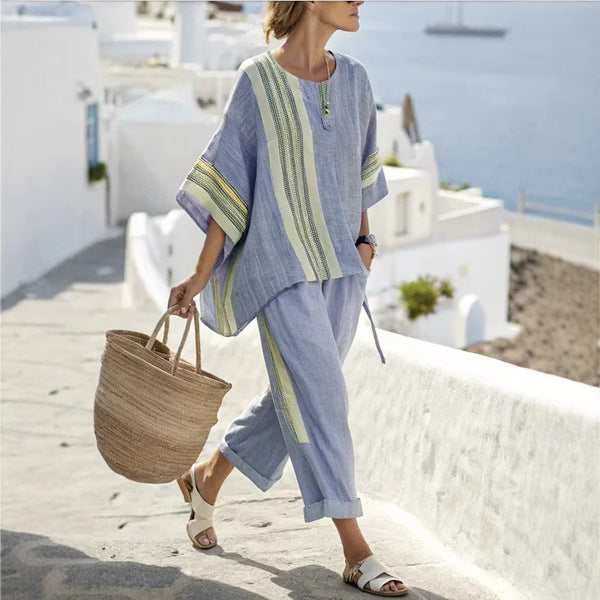 women’s striped co-ord set with batwing top and solid pants hanyelevate