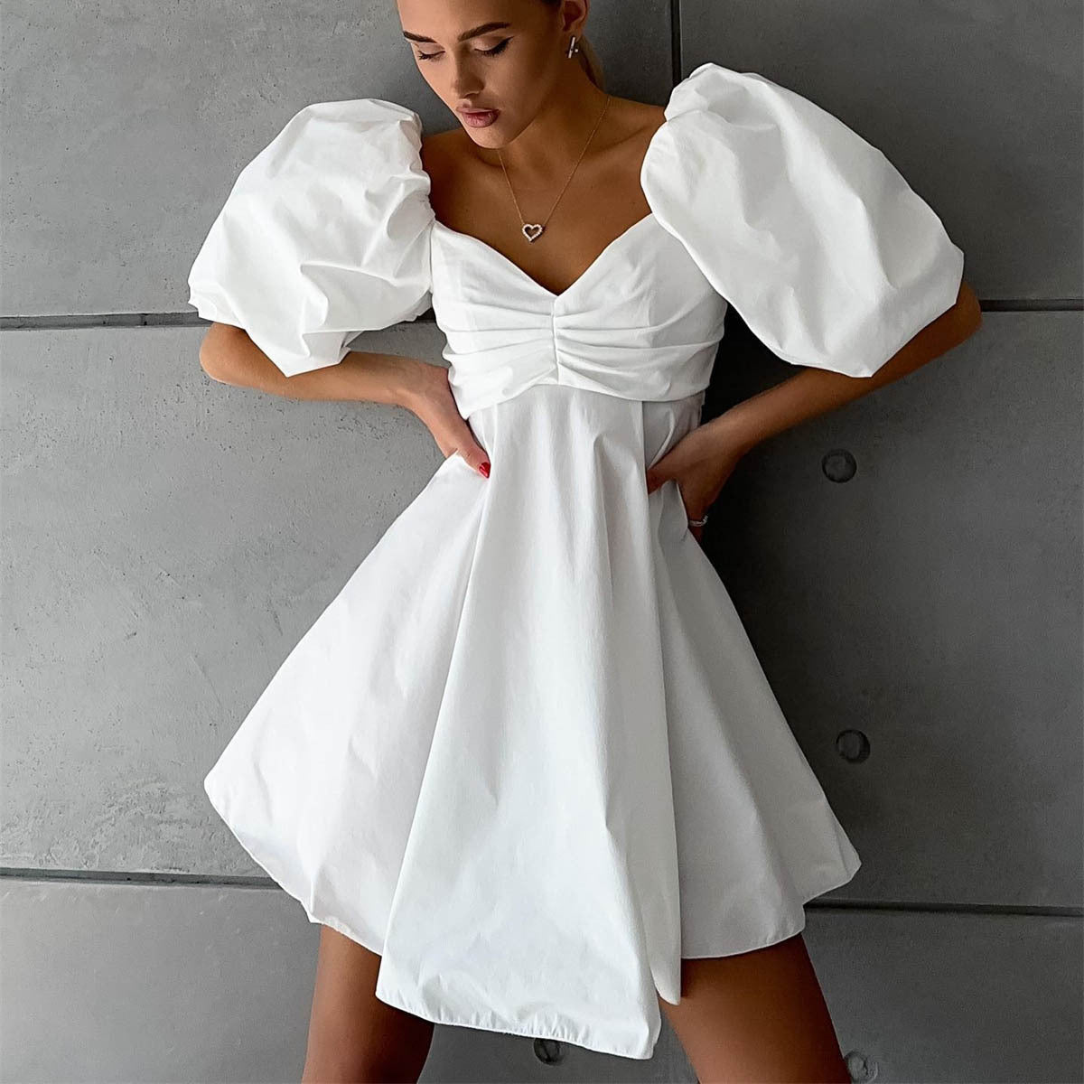 Women’s Puff Sleeve Cotton Dress – High Waist Short Sleeve Summer Outfit | S–L | White, Black, Rose Red, Green, Light Blue