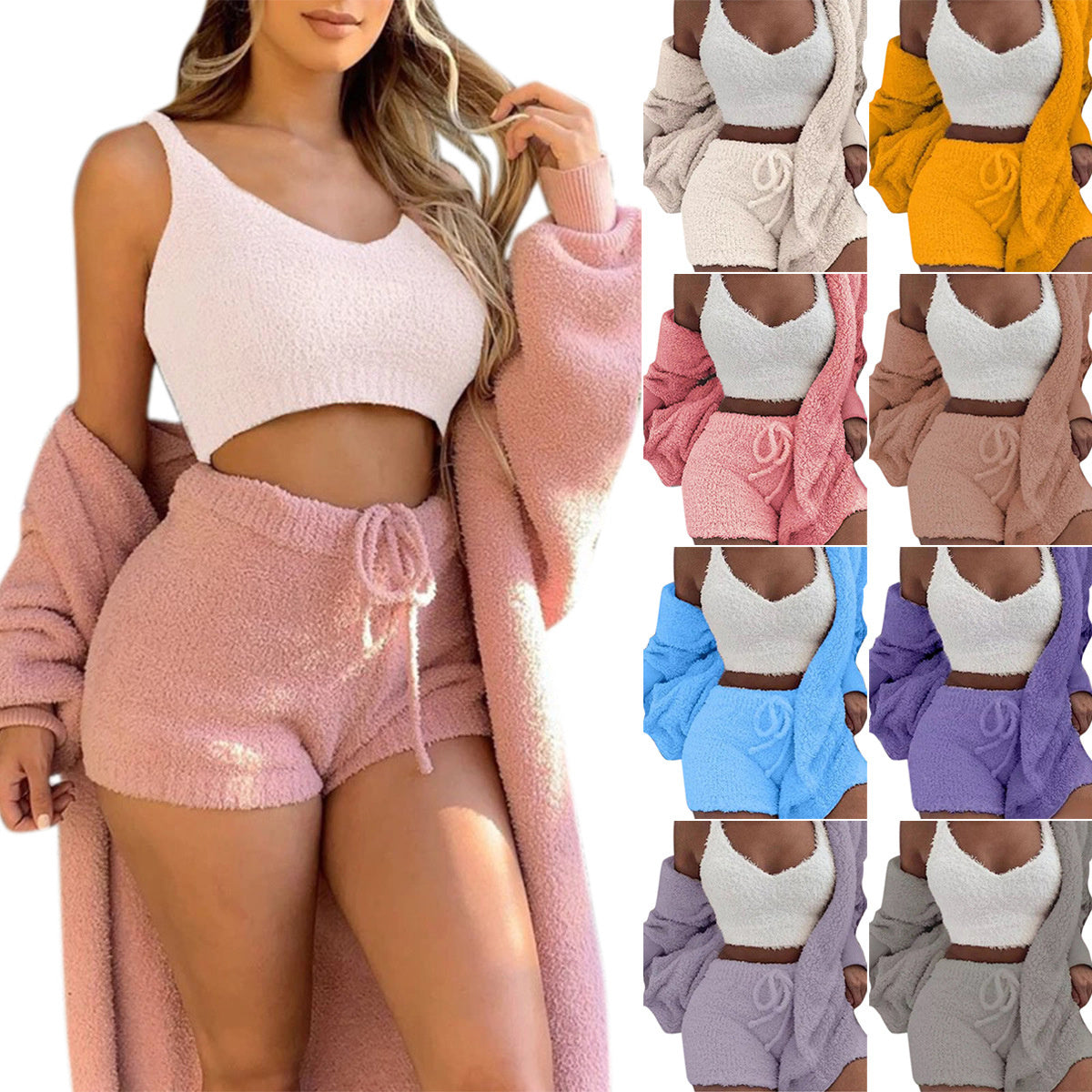 3pcs Womens Clothing Long Sleeve Crop Tank Top And Drawstring Shorts Pajama Set hanyelevate