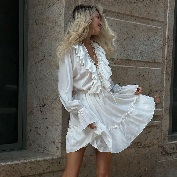 Women’s Short Dress with V Neck and Flared Sleeves – Pleated Ruffle Detail hanyelevate