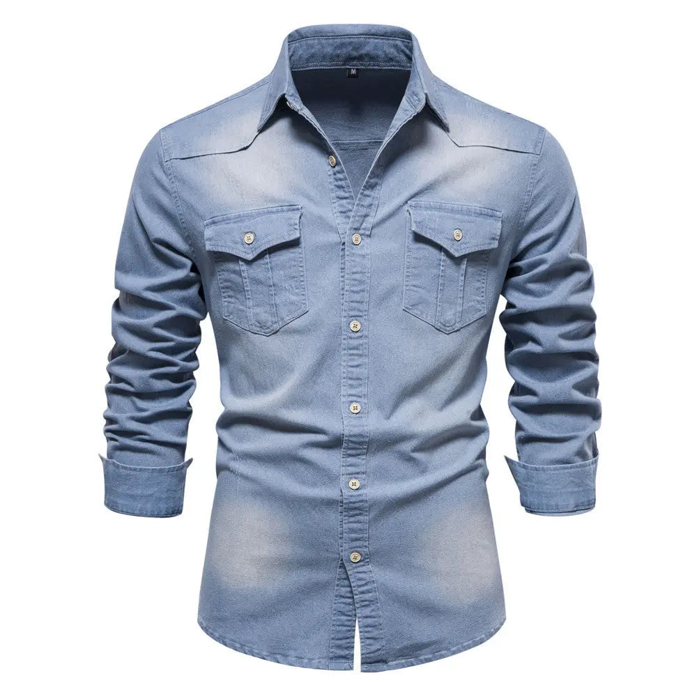 Men’s Long-Sleeve Slim Fit Denim Shirt – Casual Button-Up Top hanyelevate