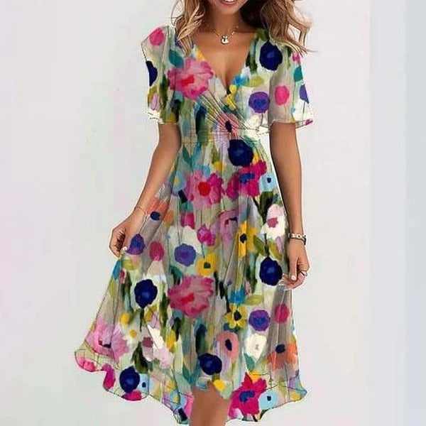 Women’s Summer Chiffon Dress – Elegant V-Neck Printed Short Sleeve Dress hanyelevate