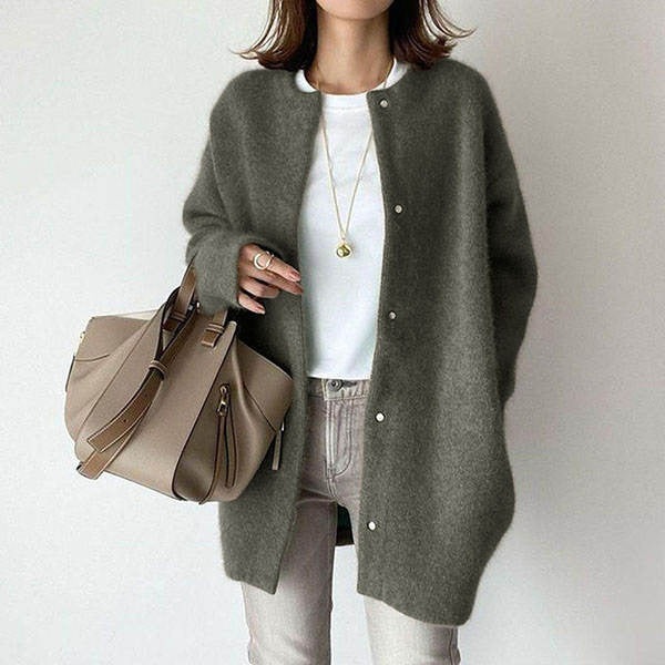 Autumn & Winter Women’s Solid Color Cardigan – Loose Round Neck Single Breasted Coat hanyelevate