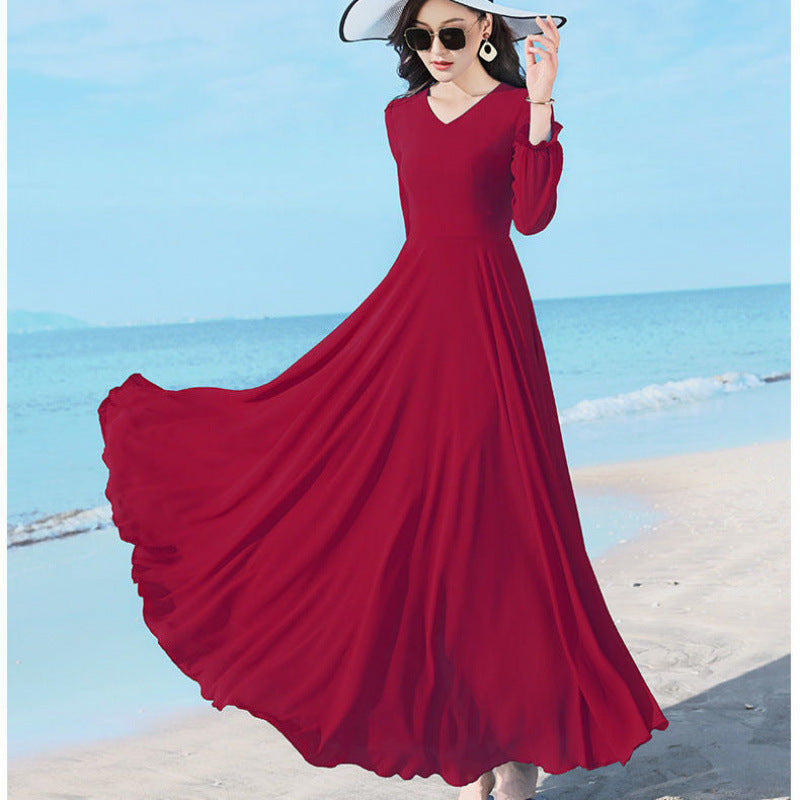 Women’s Chiffon/Polyester Large Swing Dress – Long Sleeve, Solid Color, Urban Temperament Commute Style