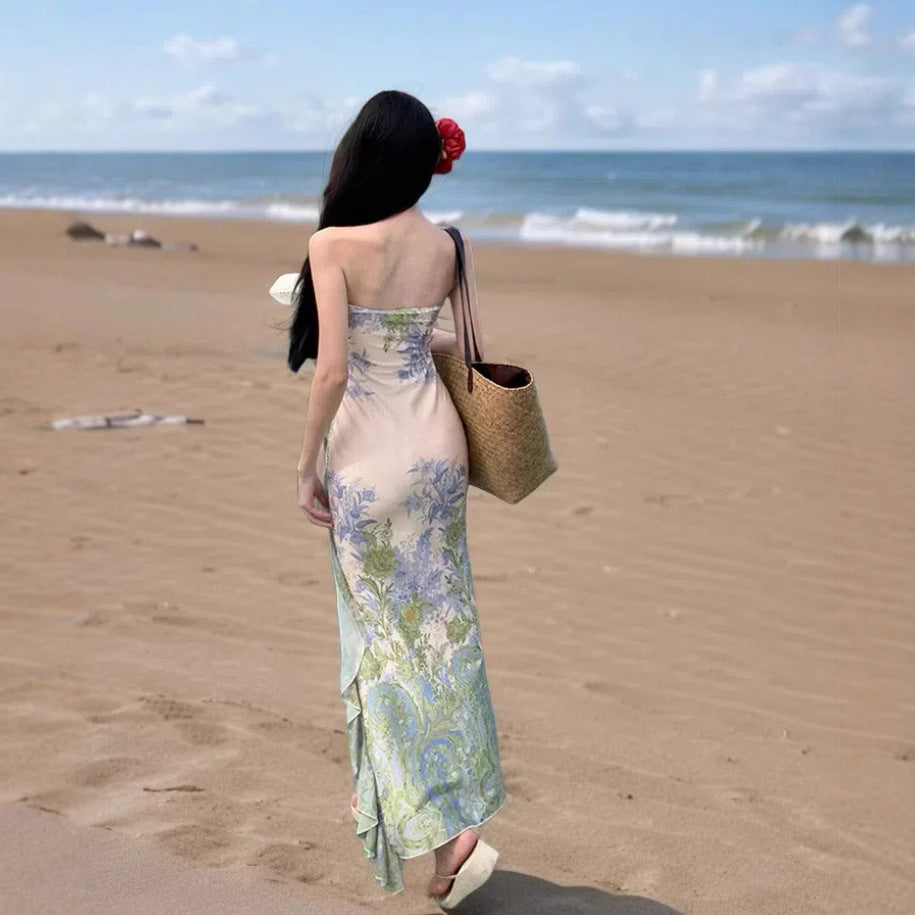 Women’s Asymmetric Floral Chest-Wrap Long Dress – Sleeveless Summer Maxi, S–L