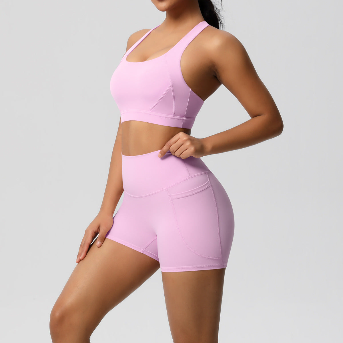 Women’s Solid Color Sports Bra & Pocket Shorts Set – Tight Fitness Outfit for Running & Gym, S–XL