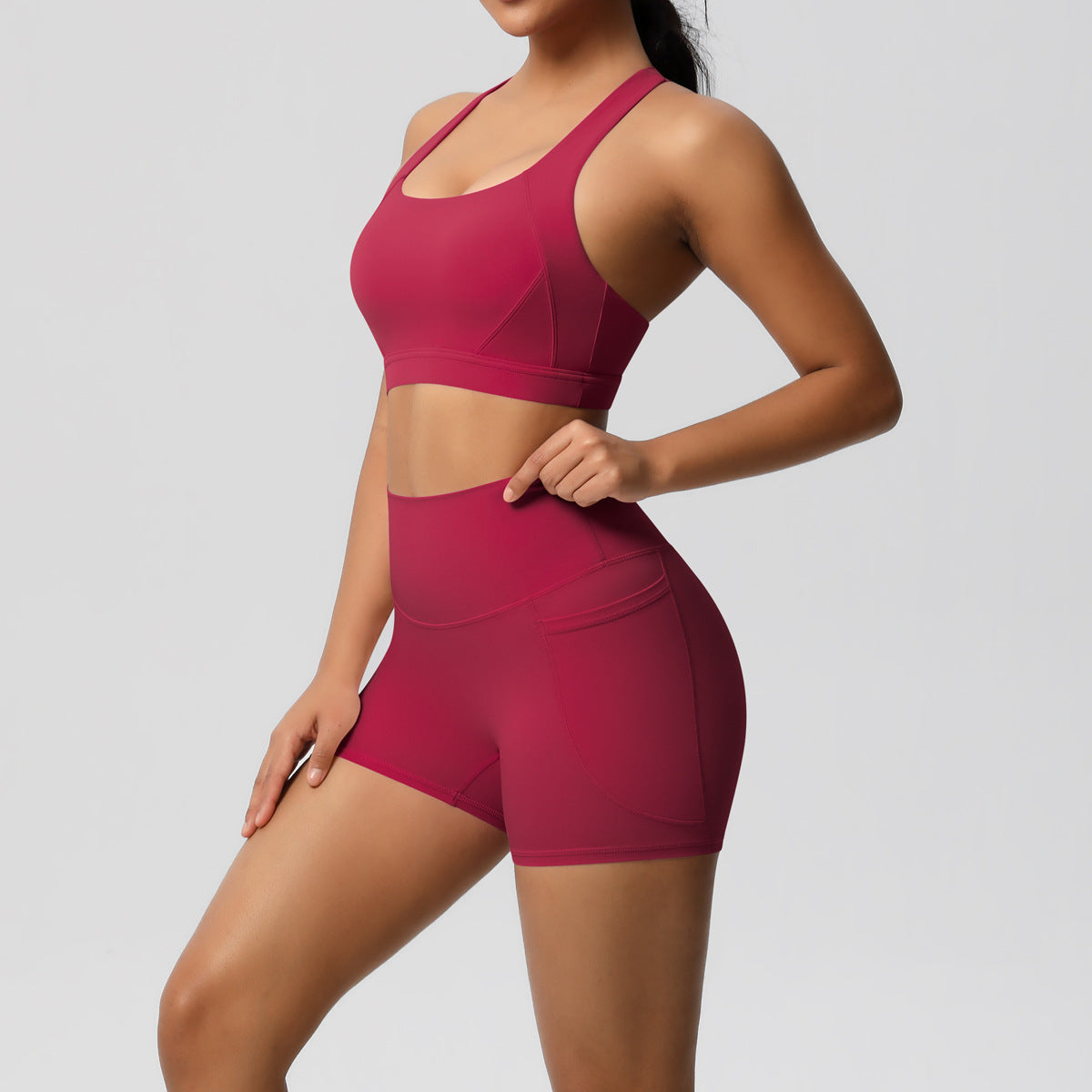 Women’s Solid Color Sports Bra & Pocket Shorts Set – Tight Fitness Outfit for Running & Gym, S–XL