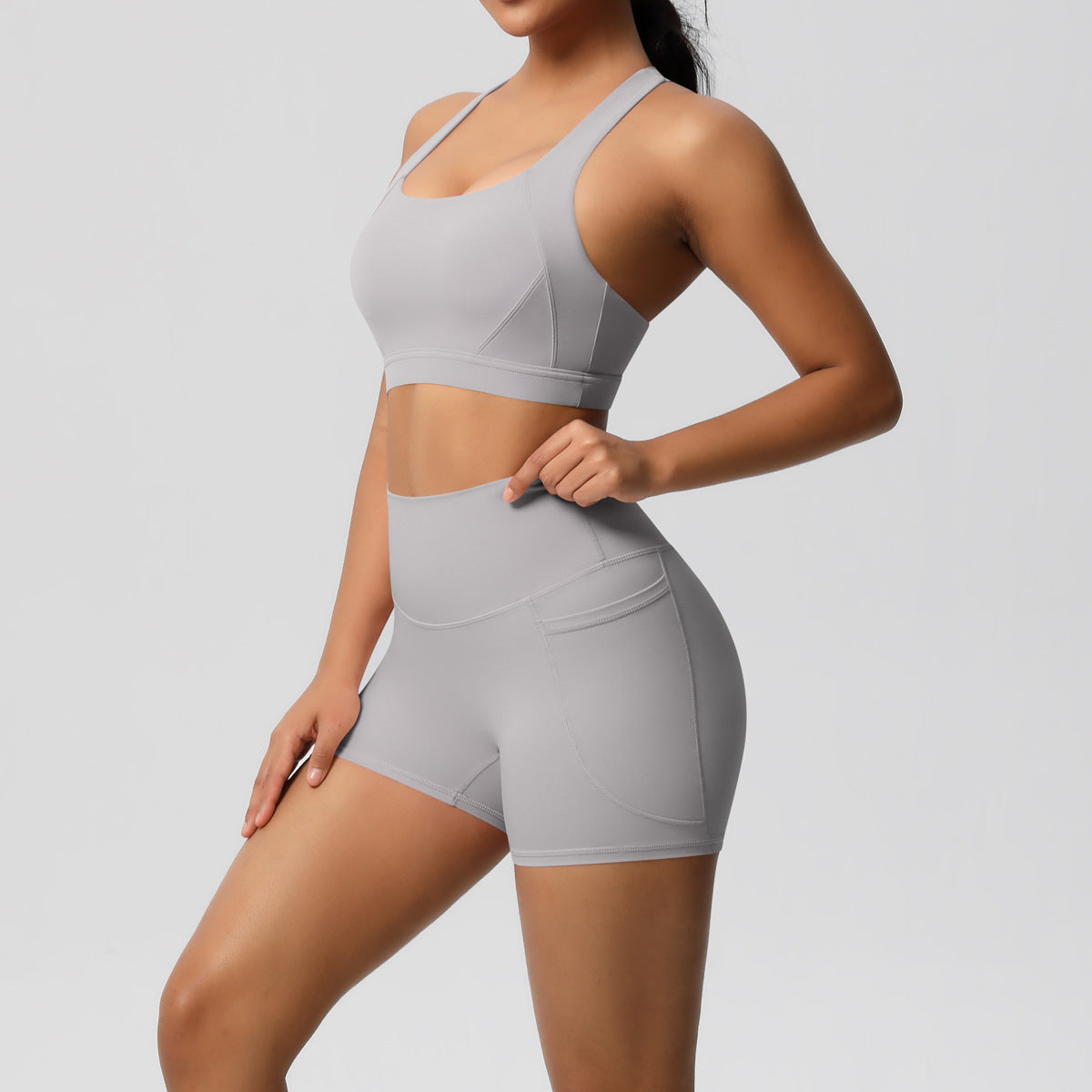 Women’s Solid Color Sports Bra & Pocket Shorts Set – Tight Fitness Outfit for Running & Gym, S–XL