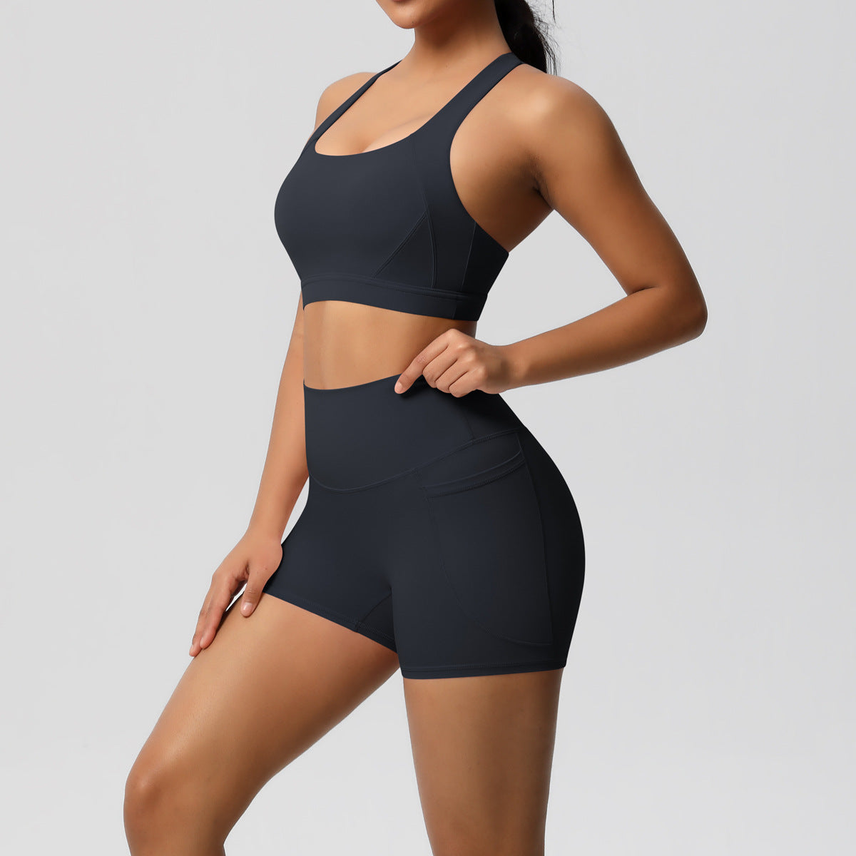 Women’s Solid Color Sports Bra & Pocket Shorts Set – Tight Fitness Outfit for Running & Gym, S–XL