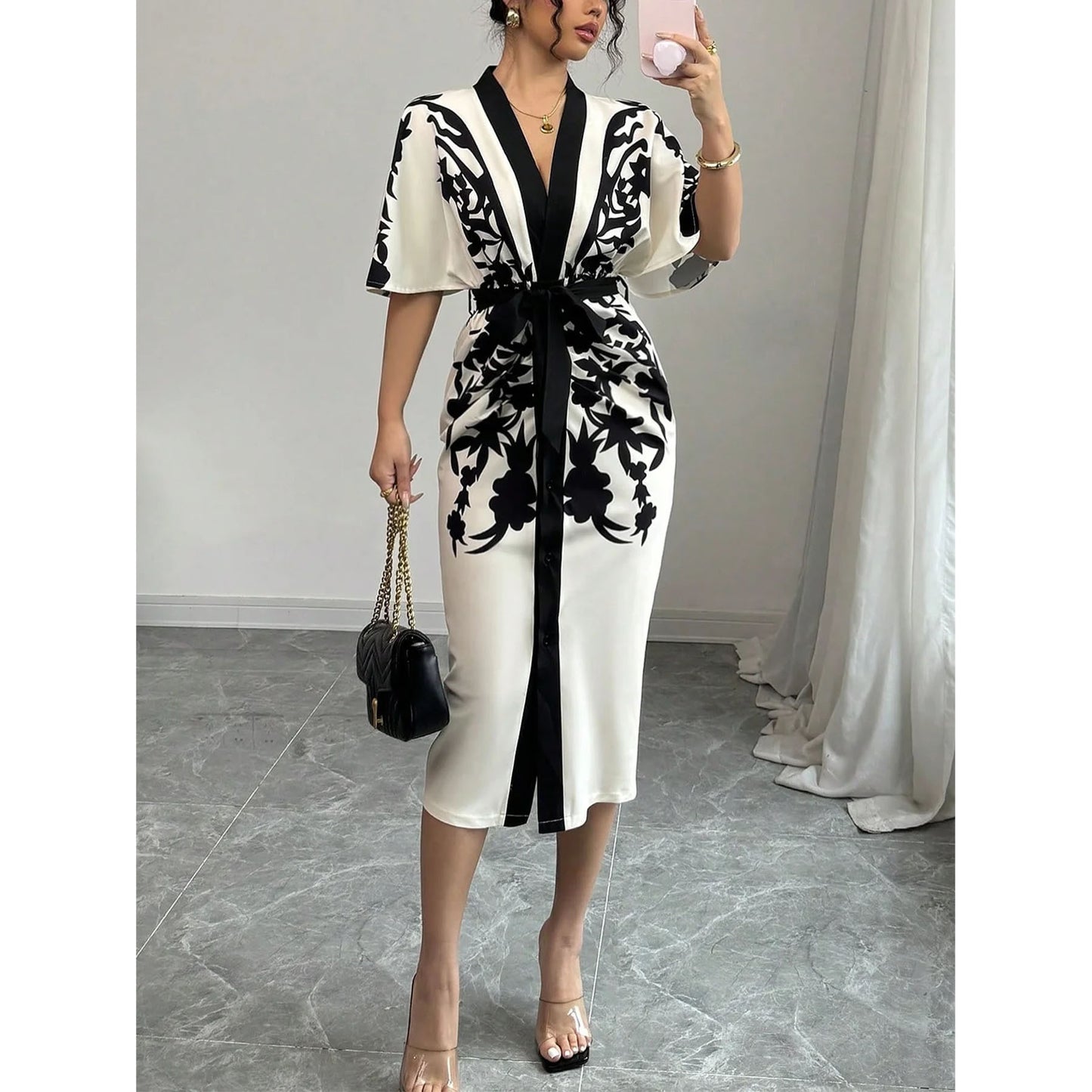 Women’s Apricot Floral Print Hip Skirt Dress – Elegant Socialite Style Pullover | S–XXL | Polyester