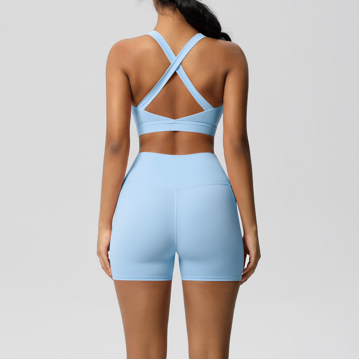 Women’s Solid Color Sports Bra & Pocket Shorts Set – Tight Fitness Outfit for Running & Gym, S–XL
